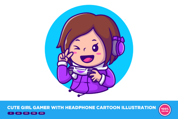 Cute Girl Gamer with Headphone Cartoon Graphics and Illustrations