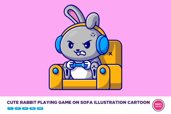 Cute Rabbit Playing Game on Sofa Cartoon Graphics